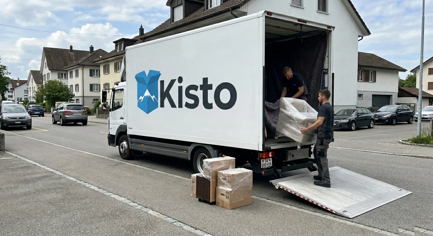 Umzugsteam belädt einen Kisto-Transporter vor einem Schweizer Wohnhaus