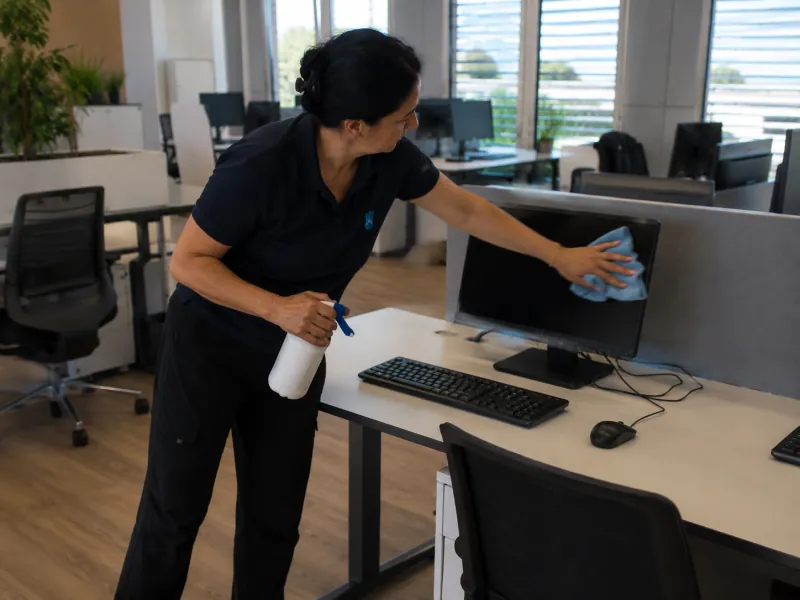 Frau reinigt mit Tuch und Sprühflasche einen Schreibtisch mit Monitor im Büro – Büroreinigung der Arbeitsplätze