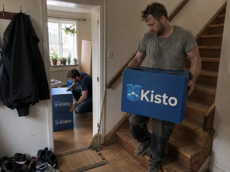 Umzugshelfer trägt einen Kisto-Umzugskarton die Treppe hinunter beim Ausräumen einer Liegenschaft