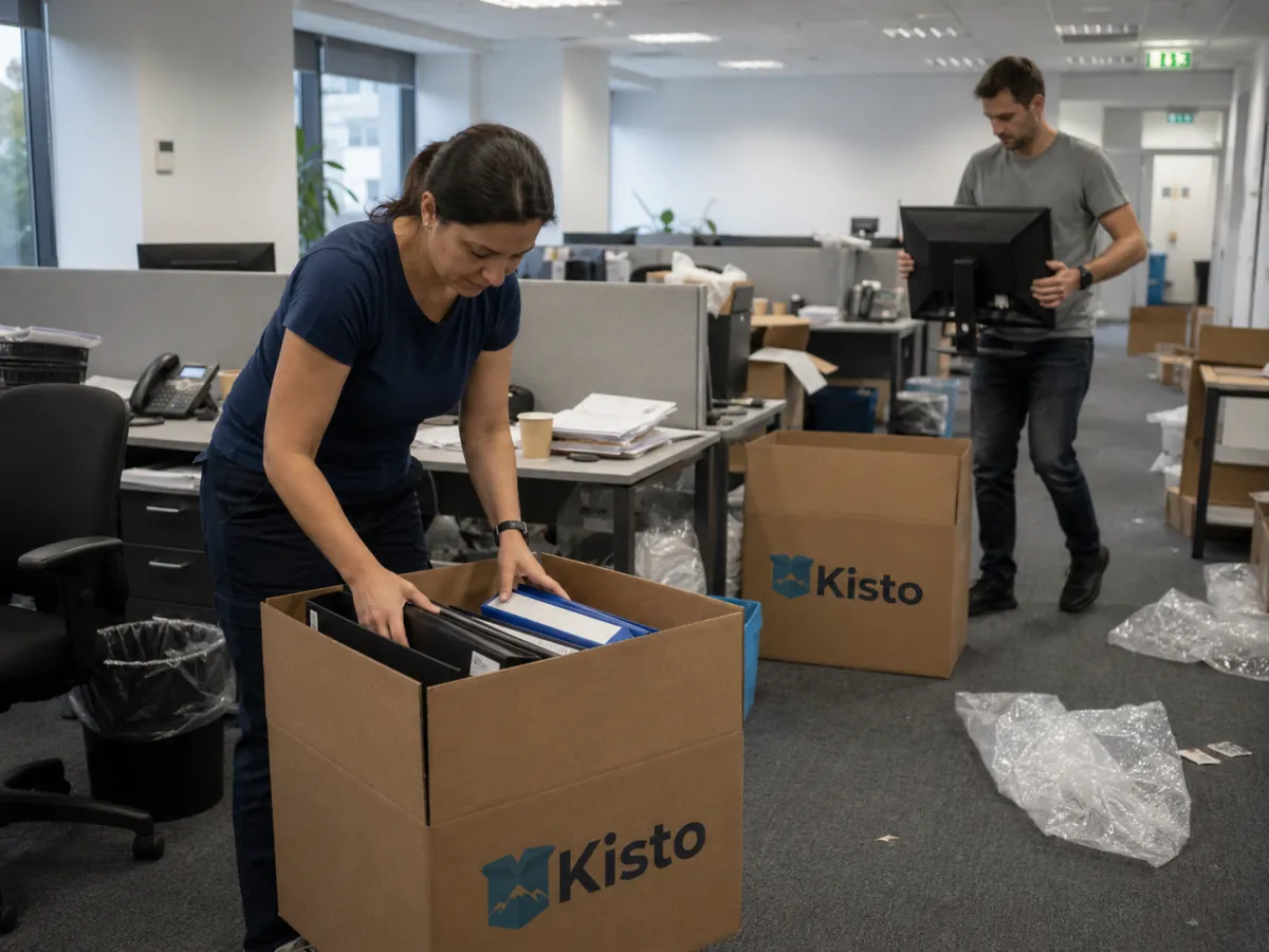 Team verpackt Akten und Büroausstattung für einen Firmenumzug