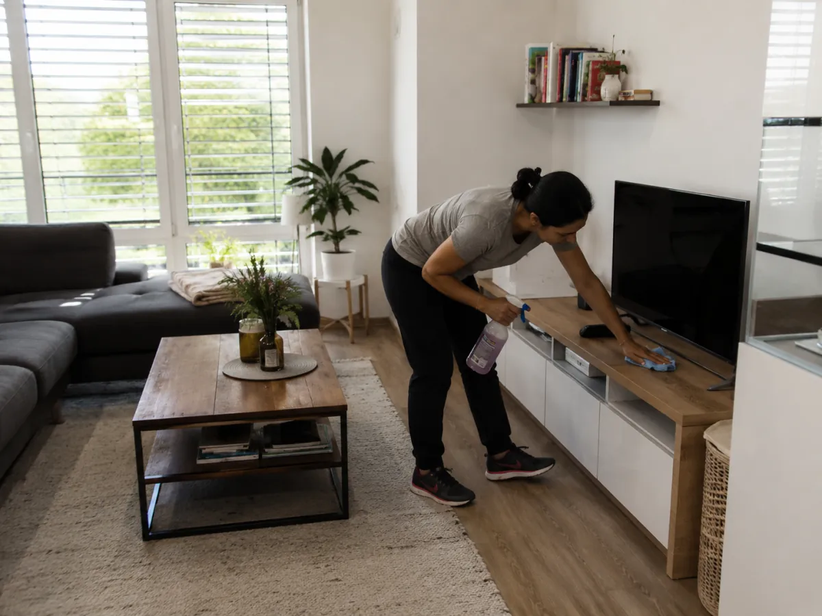 Reinigungskraft wischt Möbel in einem bewohnten Wohnzimmer