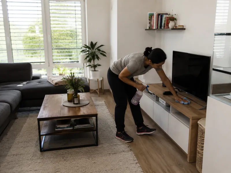 Reinigungskraft wischt Möbel in einem bewohnten Wohnzimmer
