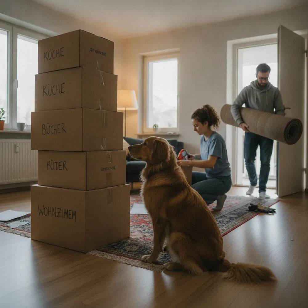 Hund sitzt neben gestapelten Umzugskartons am Umzugstag
