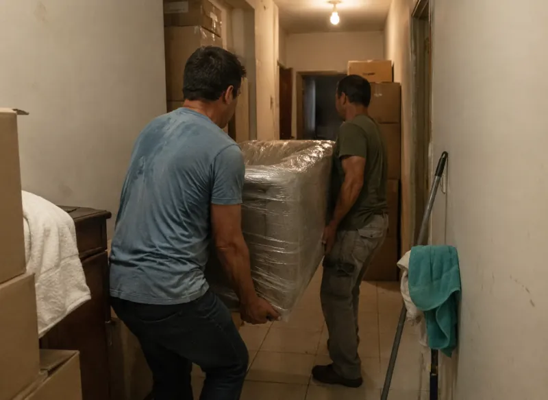 Zwei Umzugshelfer tragen ein in Folie verpacktes Möbelstück durch den Flur beim Wohnungsumzug, gestapelte Kartons an den Wänden