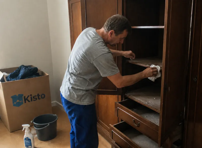 Helfer umwickelt eine Holzkommode mit Schutzfolie und packt sie sorgfältig für den Seniorenumzug ein