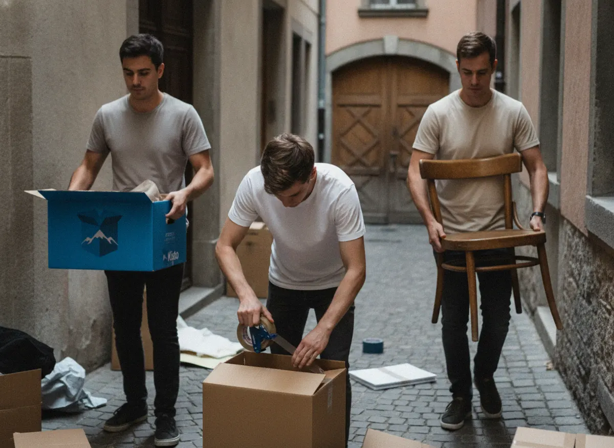 Umzugsfirma in Aarau trägt Kisto-Kartons aus einem Altstadt-Haus