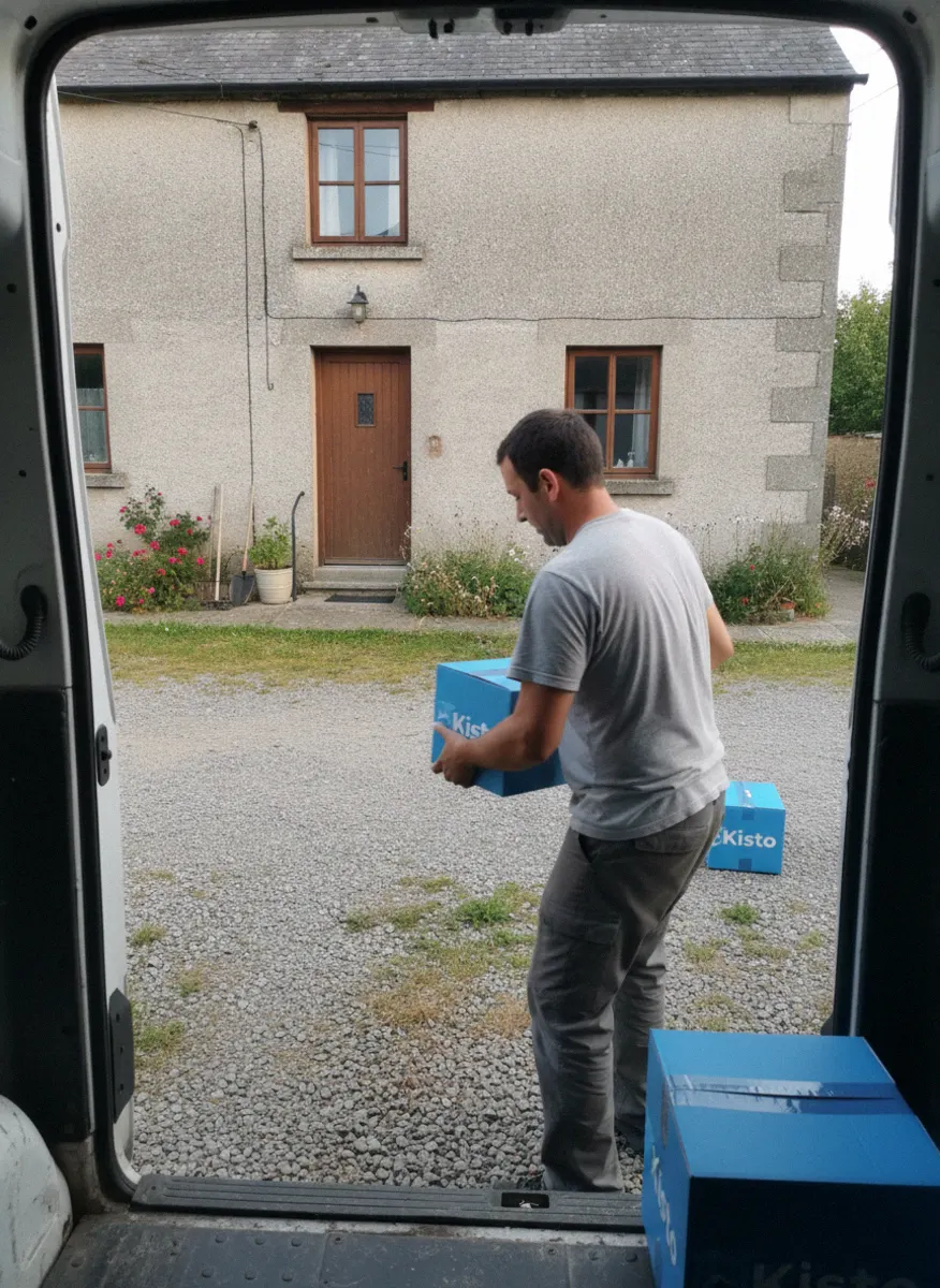 Umzugsfirma im Kanton Schwyz belädt den Umzugswagen vor einem Landhaus