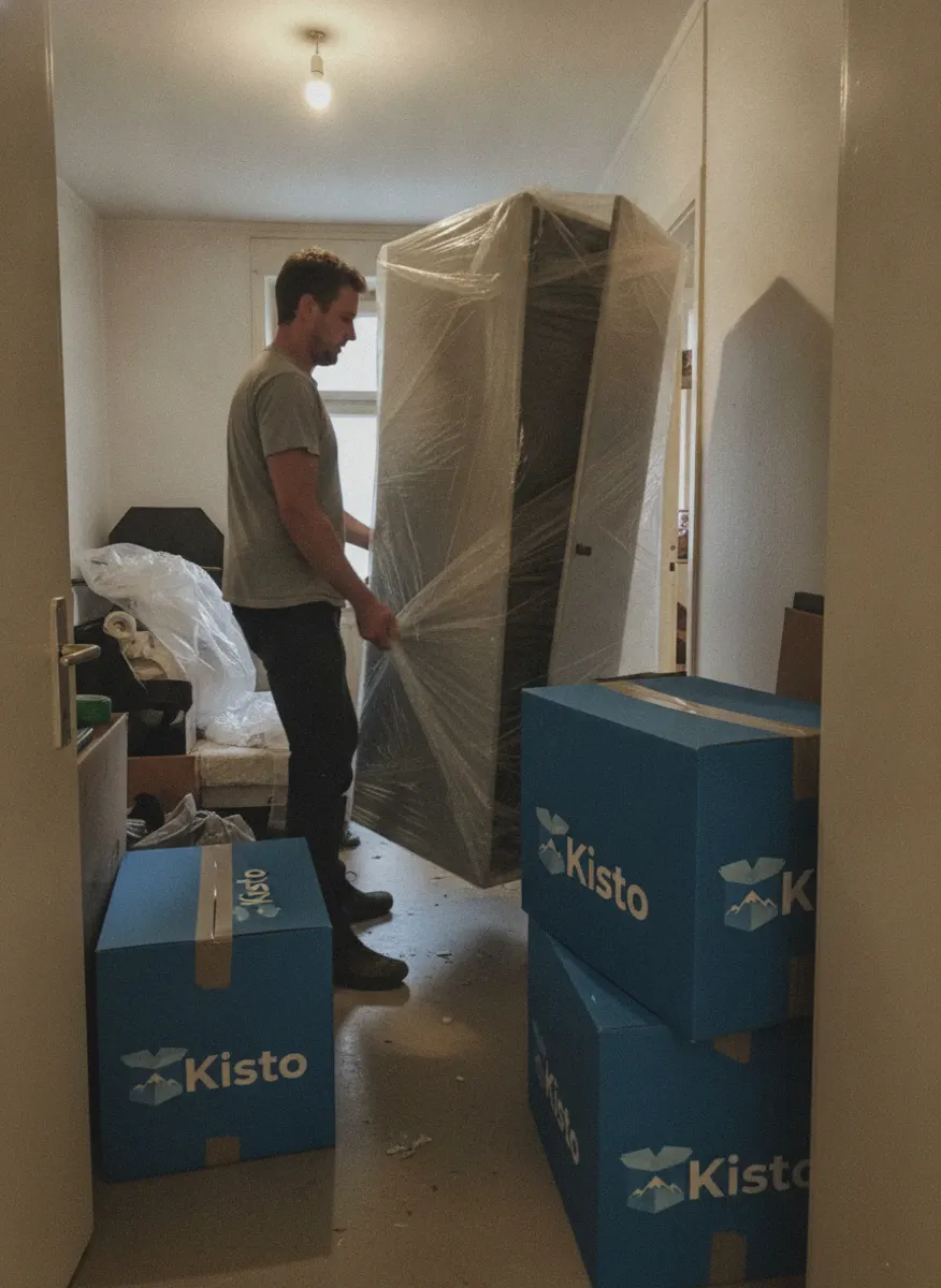 Umzugsfirma in Winterthur trägt Schrank und Kisto-Kartons aus einem Altbau