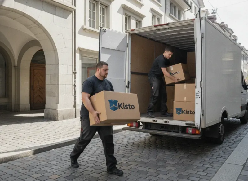 Zwei Umzugshelfer laden Kisto-Kartons in einen weissen Umzugswagen in der Zürcher Altstadt, Kopfsteinpflaster und historische Fassaden