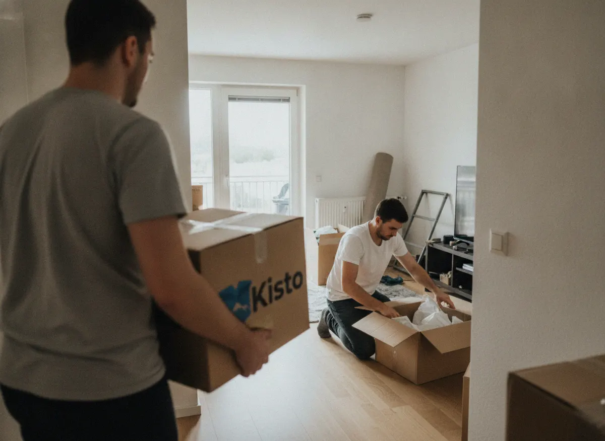 Umzugsfirma im Kanton Zug trägt Kisto-Kartons in eine moderne Wohnung
