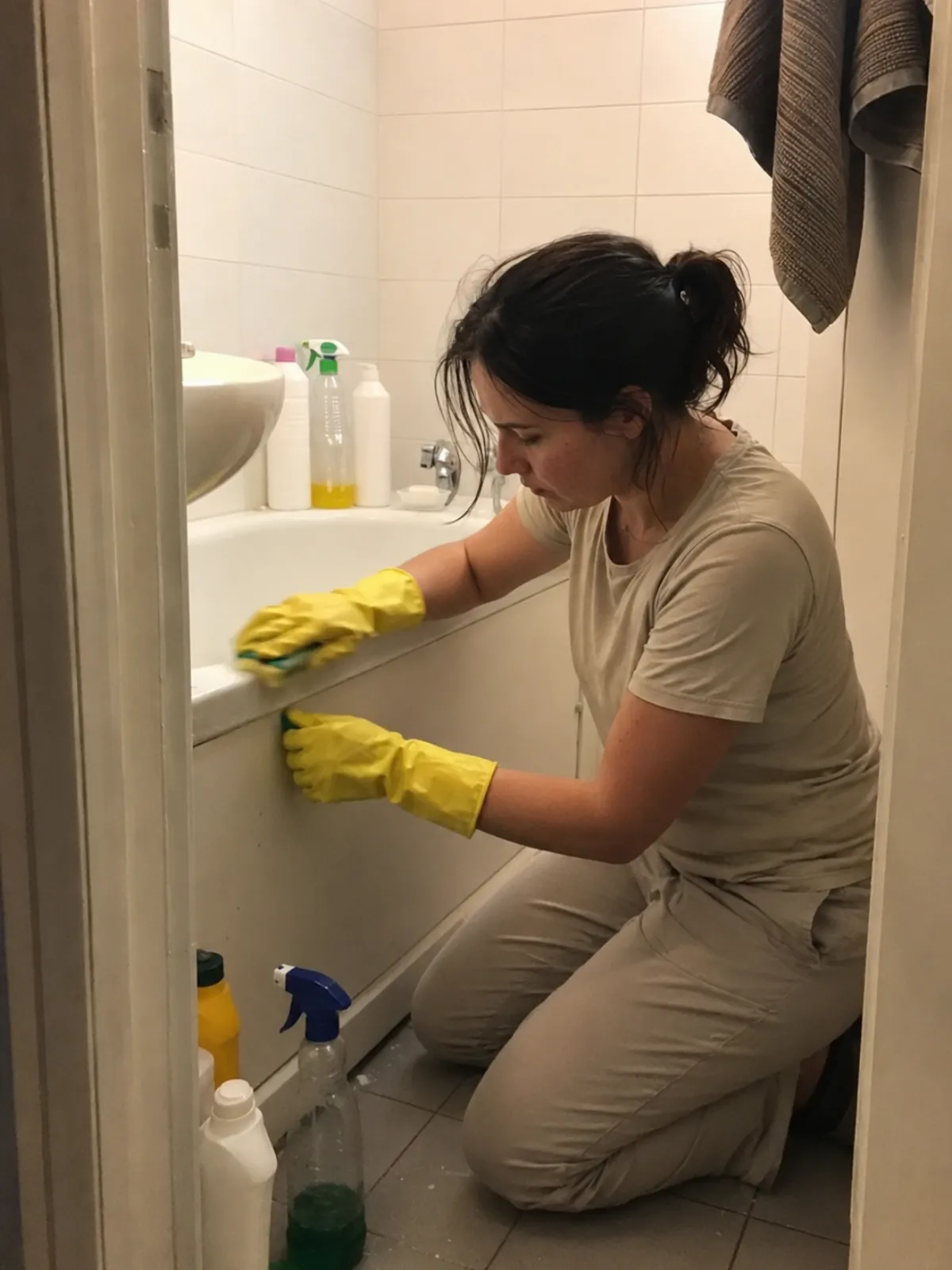 Reinigungskraft säubert ein Badezimmer gründlich mit gelben Handschuhen
