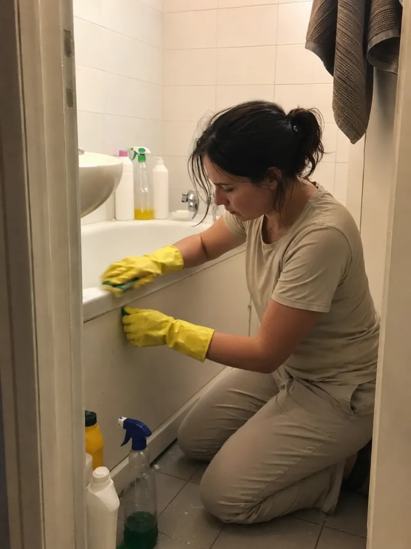 Frau mit gelben Handschuhen reinigt gründlich eine Fläche in einer leeren Wohnung